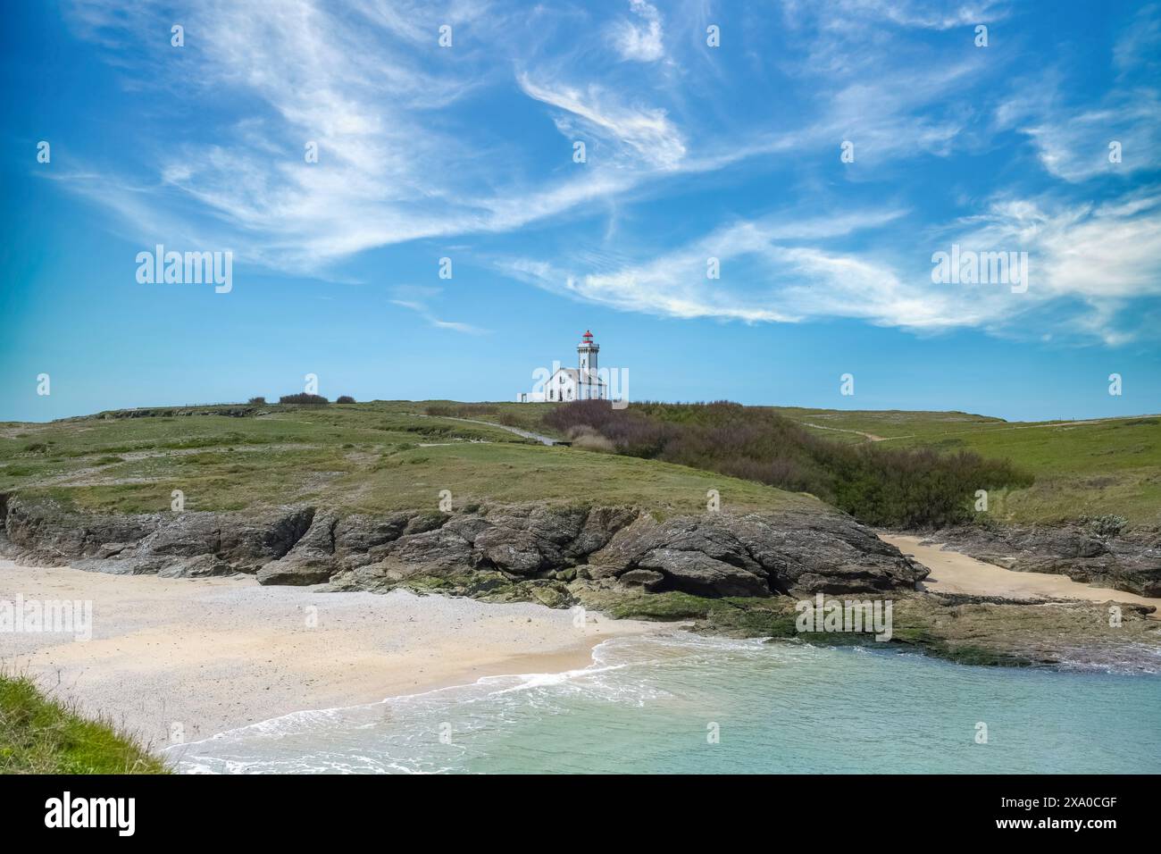 Typical Lighthouse Belle-Ile in Brittany, the lighthouse of the Pointe des Plains, typical ...