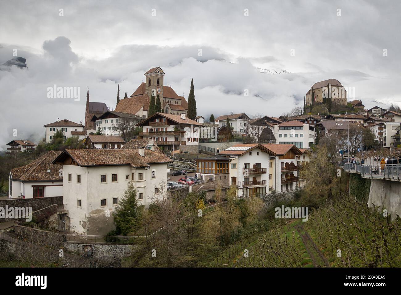 A scenic view of Scena, South Tyrol, Italy on a cloudy day Stock Photo