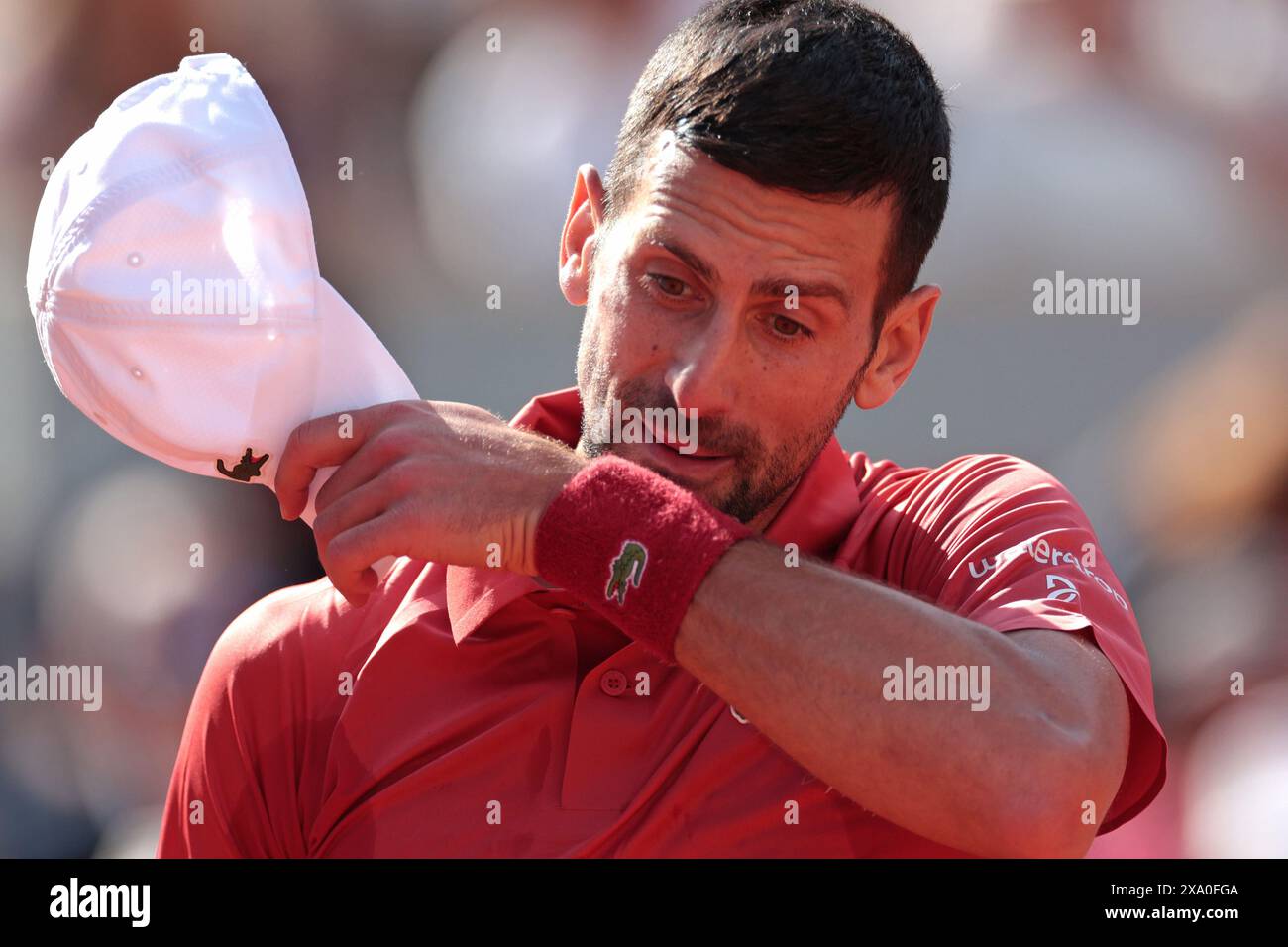 Roland Garros, Paris, France. 3rd June, 2024. 2024 French Open Tennis tournament, Day 9; Novak Djokovic (ser) under pressure during his match versus Francisco Cerundolo (arg) Credit: Action Plus Sports/Alamy Live News Stock Photo