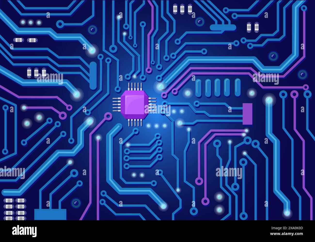 Motherboard pcb background. Circuit board texture, computer digital system blueprint, processor microchip electrical pcb ai sci-fi futuristic technology, vector illustration of motherboard technology Stock Vector