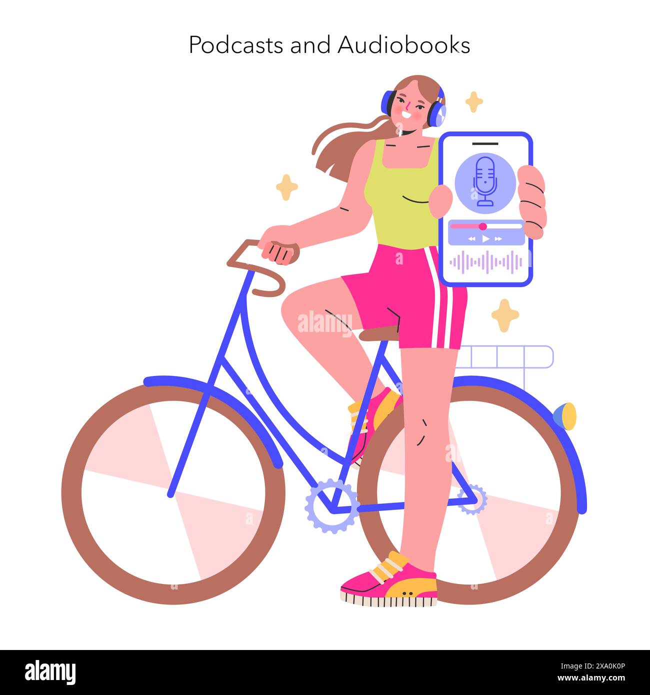 Podcasts and Audiobooks concept An active listener tunes into her favorite audio content while cycling A portrait of multitasking in the digital age Vector illustration Stock Vector