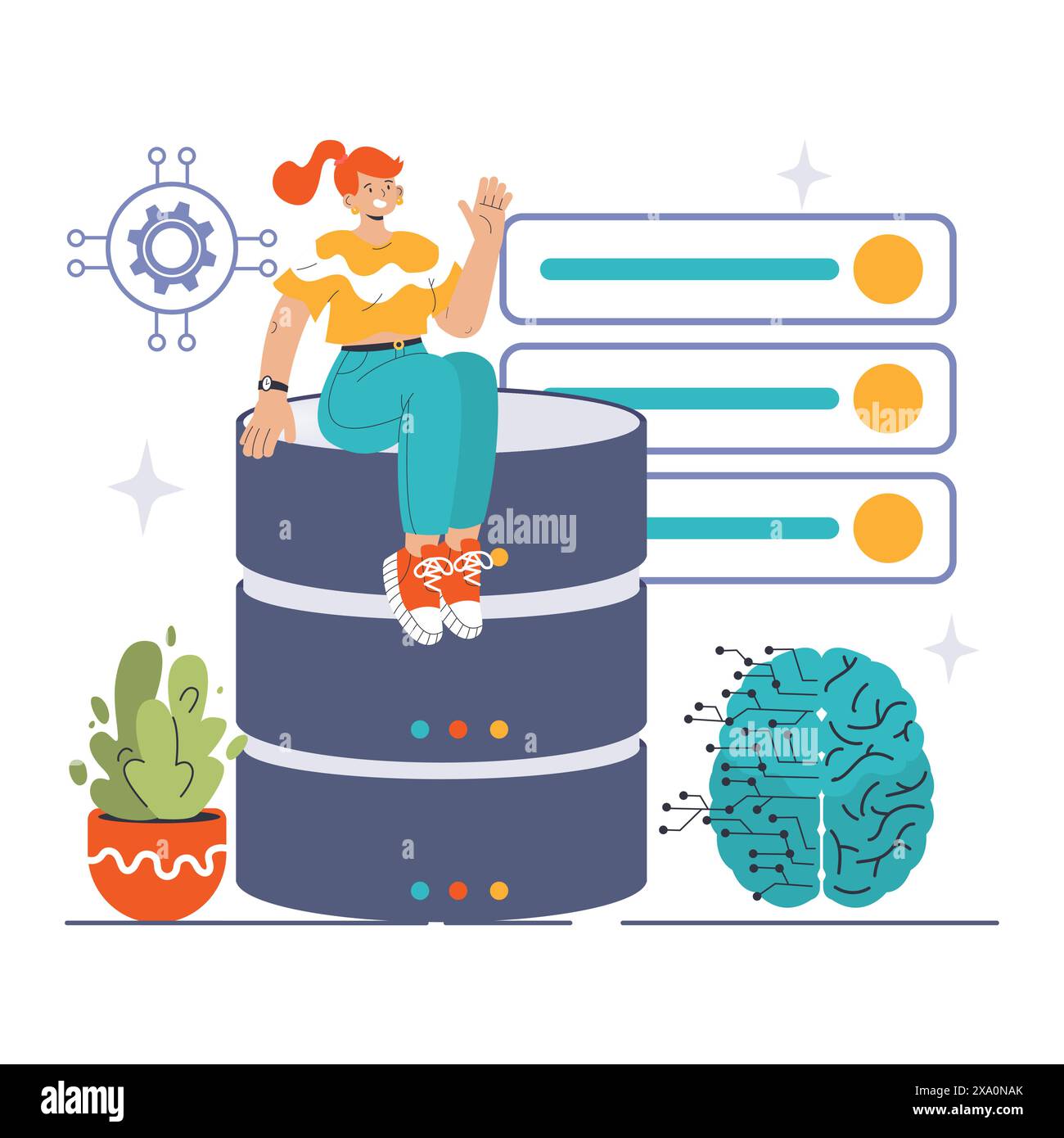 Deep Learning concept. A casual tech enthusiast sits atop a layered ...