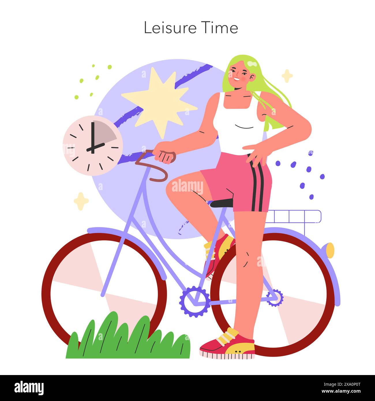 Work-life Balance concept. Illustration of a woman enjoying bike ride, symbolizing leisure over clock background. Concept of time management. Vector illustration. Stock Vector