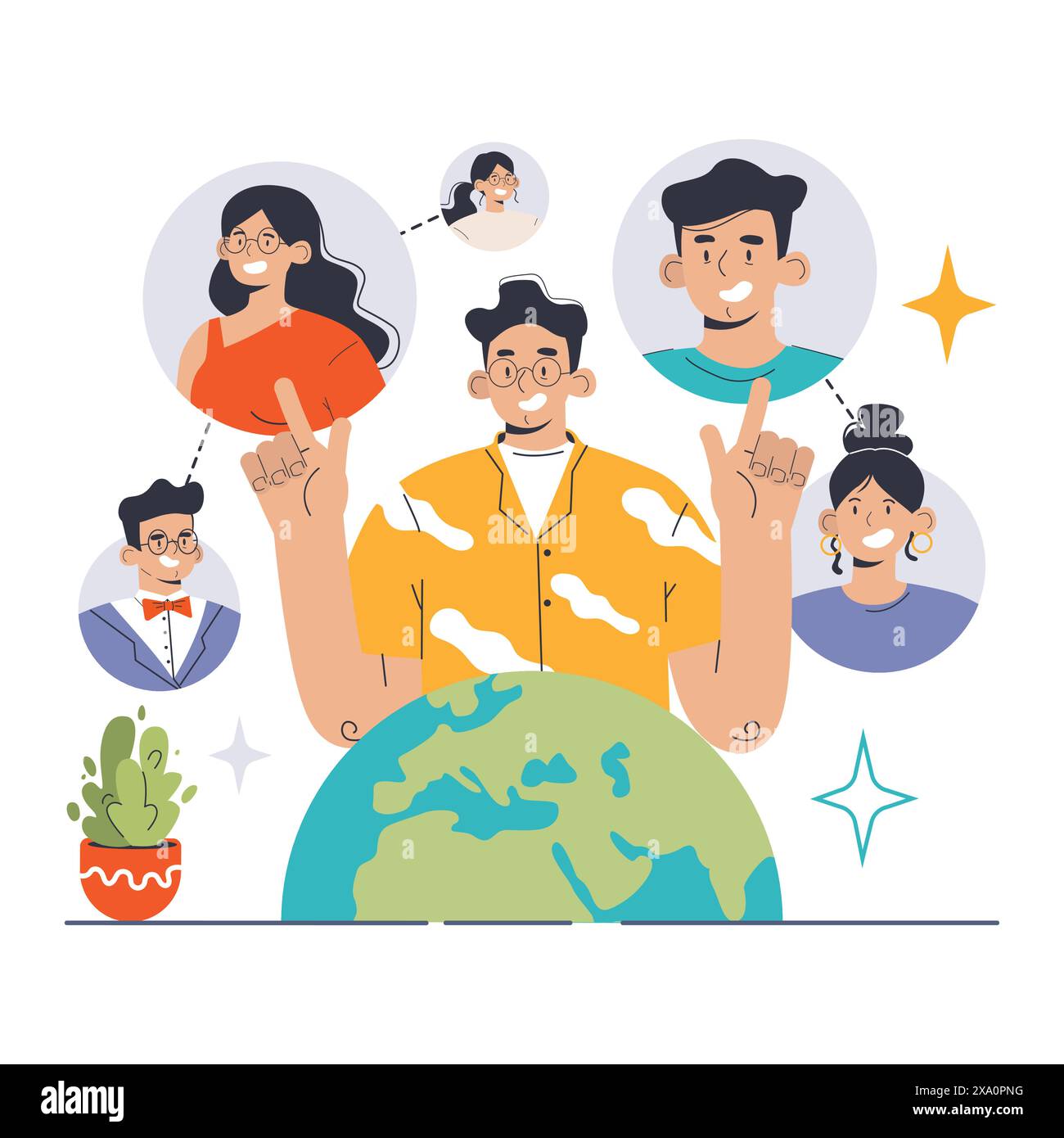 CSR concept. Diverse team collaborates around a globe, spotlighting corporate responsibility. Bridging business with global concerns, emphasizing unity. Harnessing global impact. vector illustration Stock Vector