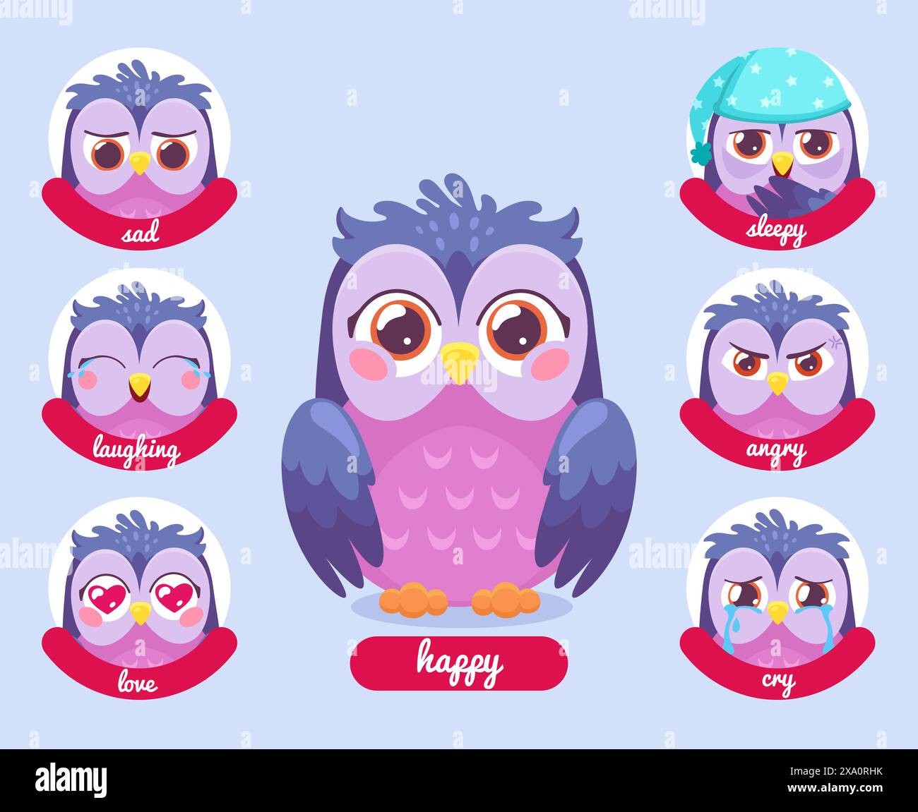 Cartoon owl emoji. Owls characters avatar, owlet cute emoticon or ...