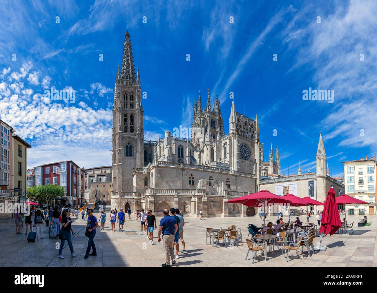 Europe, Spain, Burgos, Plaza Rey San Fernando and Cathedral of Saint Mary of Burgos Stock Photo