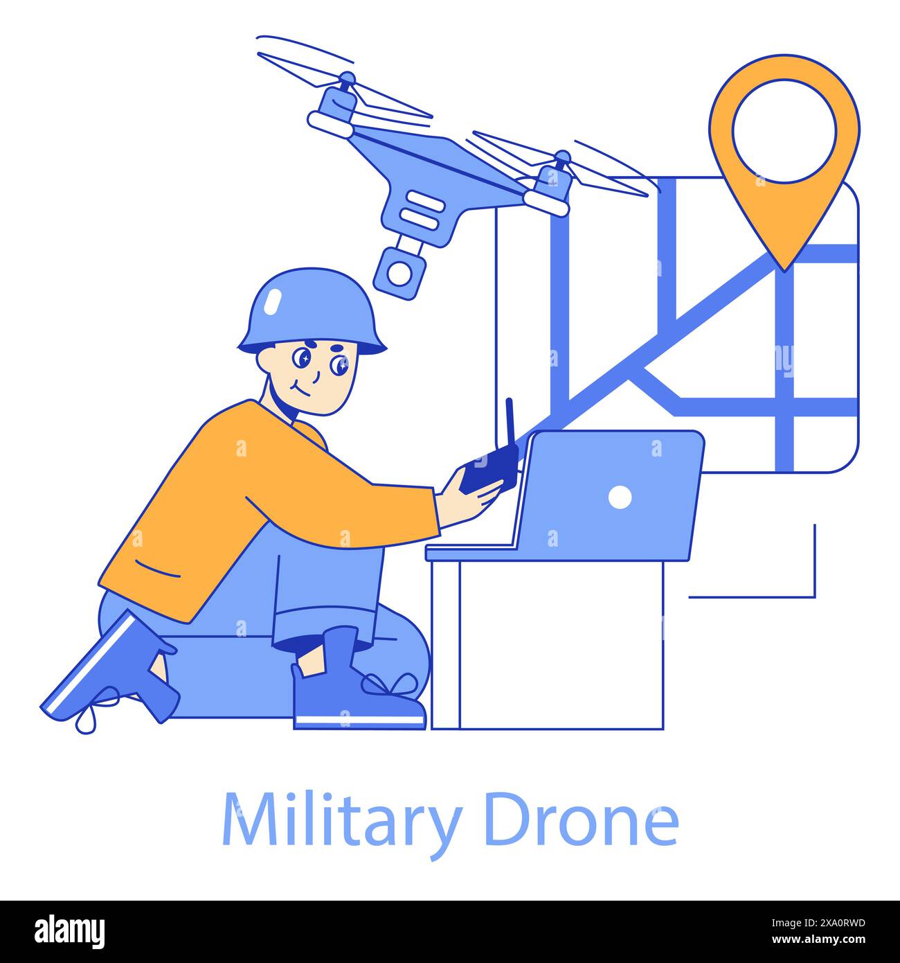 Military Drone concept. Tactical surveillance with advanced robotics. Operator controlling unmanned aerial vehicle for strategic oversight. Vector illustration. Stock Vector