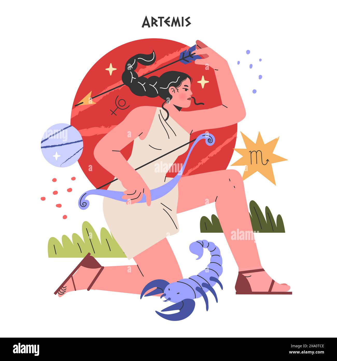 Ancient Greek Gods concept. Vector illustration of Artemis with a bow and celestial symbols, capturing the essence of mythology and astrology. Stock Vector