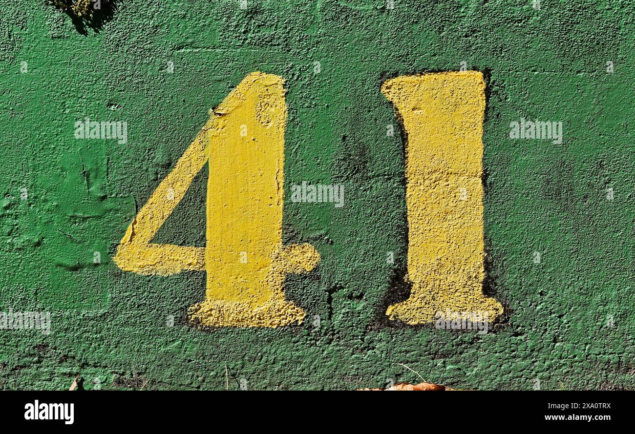 Number 41 painted in yellow on a green wall Stock Photo Alamy