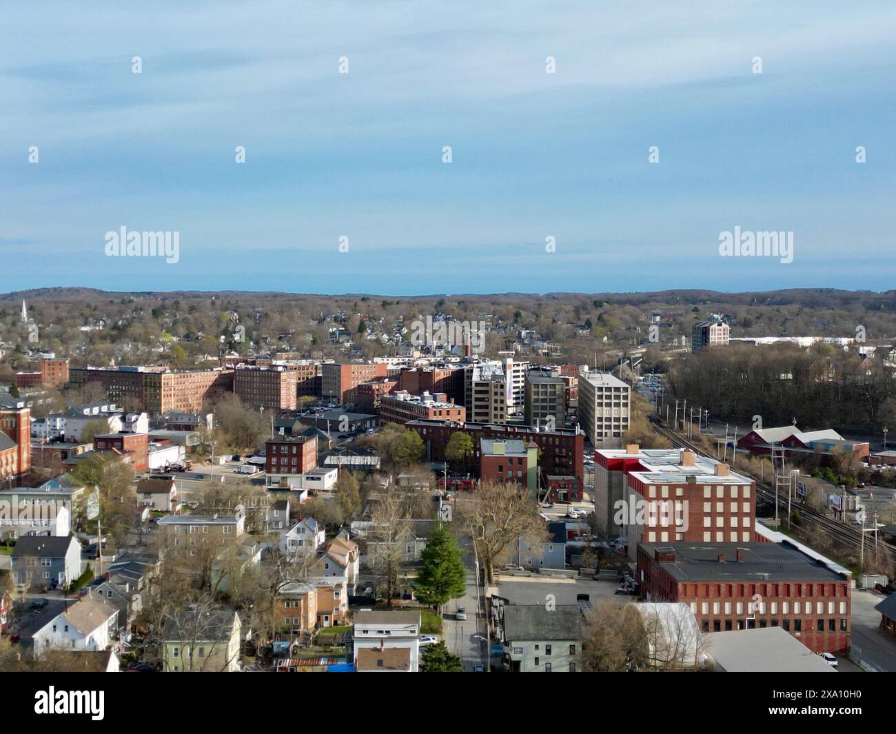 An aerial drone perspective of downtown Haverhill, Massachusetts Stock ...