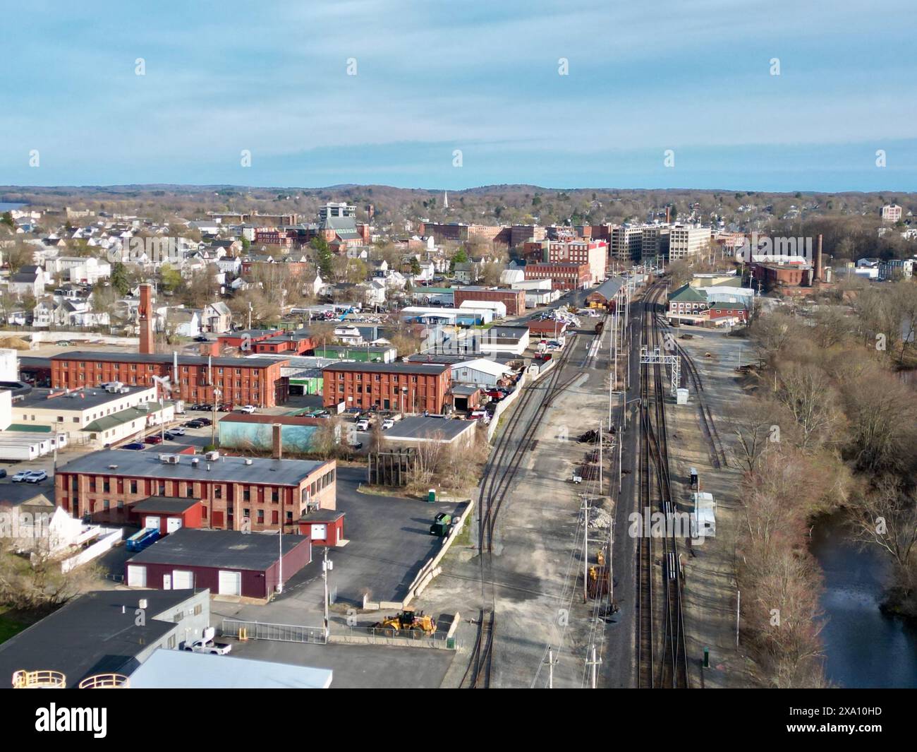 An aerial drone perspective of downtown Haverhill, Massachusetts Stock