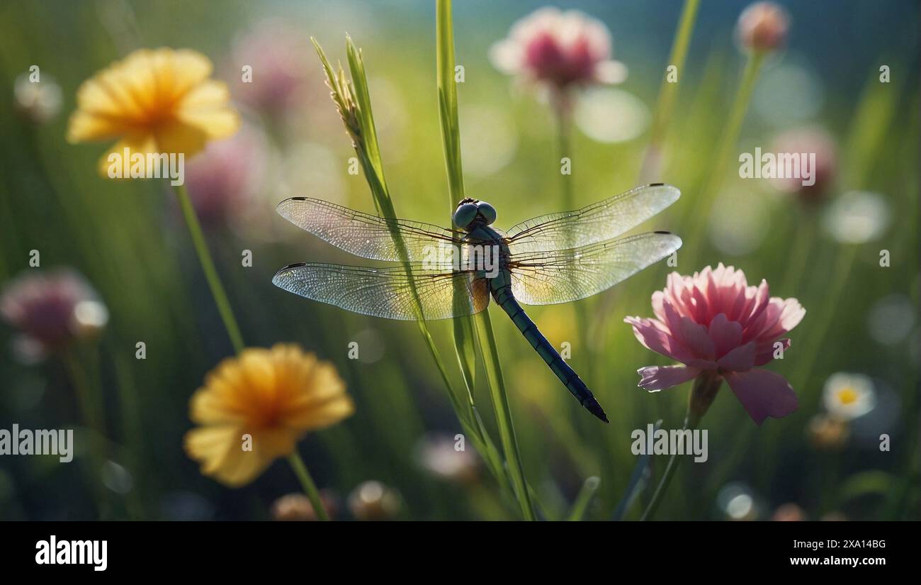 Dragonfly resting on flowers by a field of yellow blooms Stock Photo ...