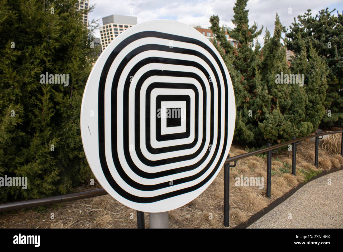 A circular black and white design with central square Stock Photo