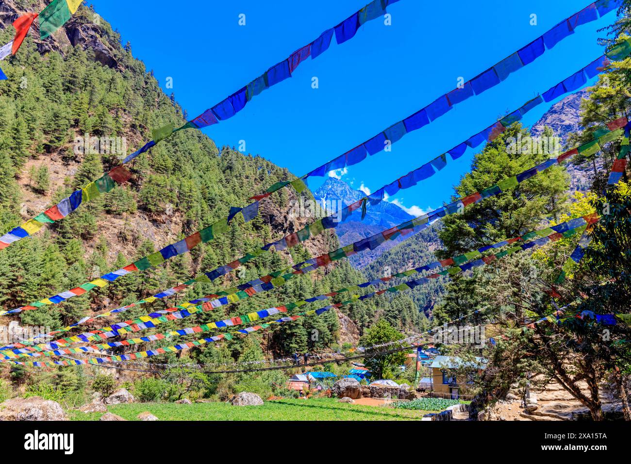 Colorful Nepali and Tibetan prayer flags fluttering in the majestic ...