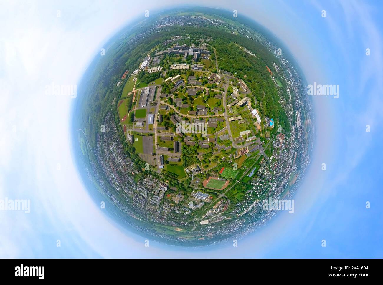 Aerial view, overview of the Hardthöhe area, headquarters of the Federal Ministry of Defense (BMVg), also Ministry of Defense, earth globe, fisheye im Stock Photo