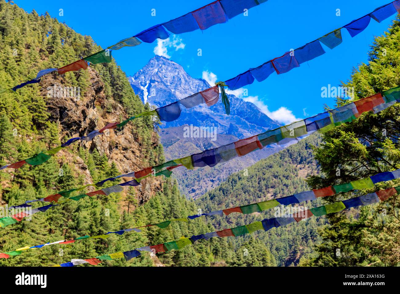 Colorful Nepali and Tibetan prayer flags fluttering in the majestic ...
