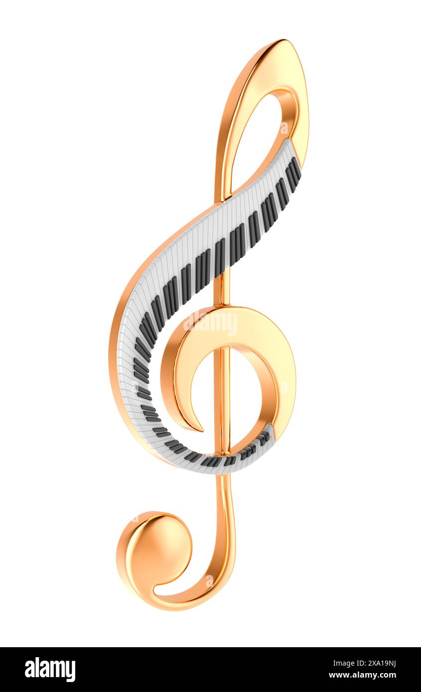 Golden Treble Clef Music Note With Piano Keyboard 3d Rendering Isolated On White Background