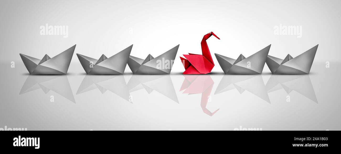 Extraordinary Skill as an Independent thinker in a group of ordinary paper boats with an exceptional origami swan representing excellence and being a Stock Photo