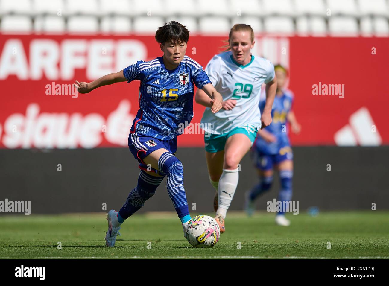 Murcia, Spain. 03rd June, 2024. MURCIA, SPAIN - June 3: Aoba Fujino of Japan competes for the ball with Katie Kitchings of New Zealand during the Women's International Friendly match between New Zealand WNT and Japan WNT at Estadio Nueva Condomina, Murcia, Spain on Monday 3 June 2024. (Photo by Francisco Maciá/Photo Players Images) Credit: Magara Press SL/Alamy Live News Stock Photo