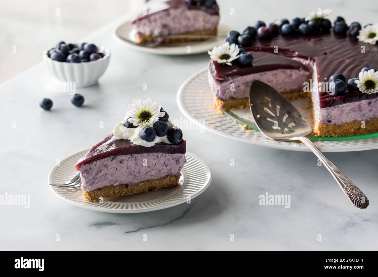 A close up of a homemade blueberry cheesecake with slices served. Stock Photo