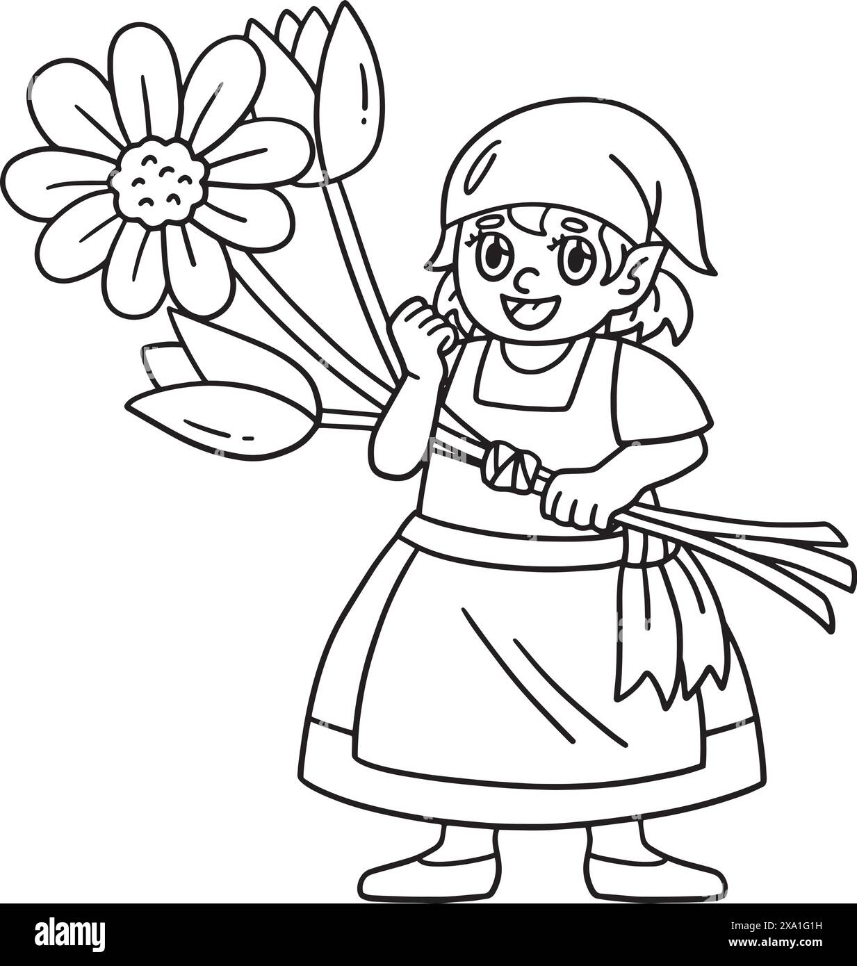 Gnome with Flowers Isolated Coloring Page for Kids Stock Vector