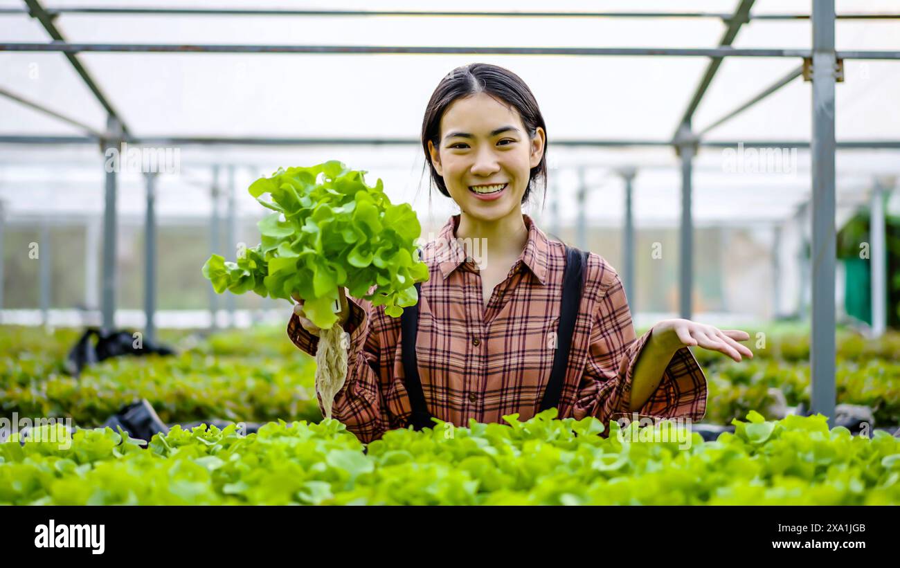 Asian woman working in greenhouse Stock Photo - Alamy
