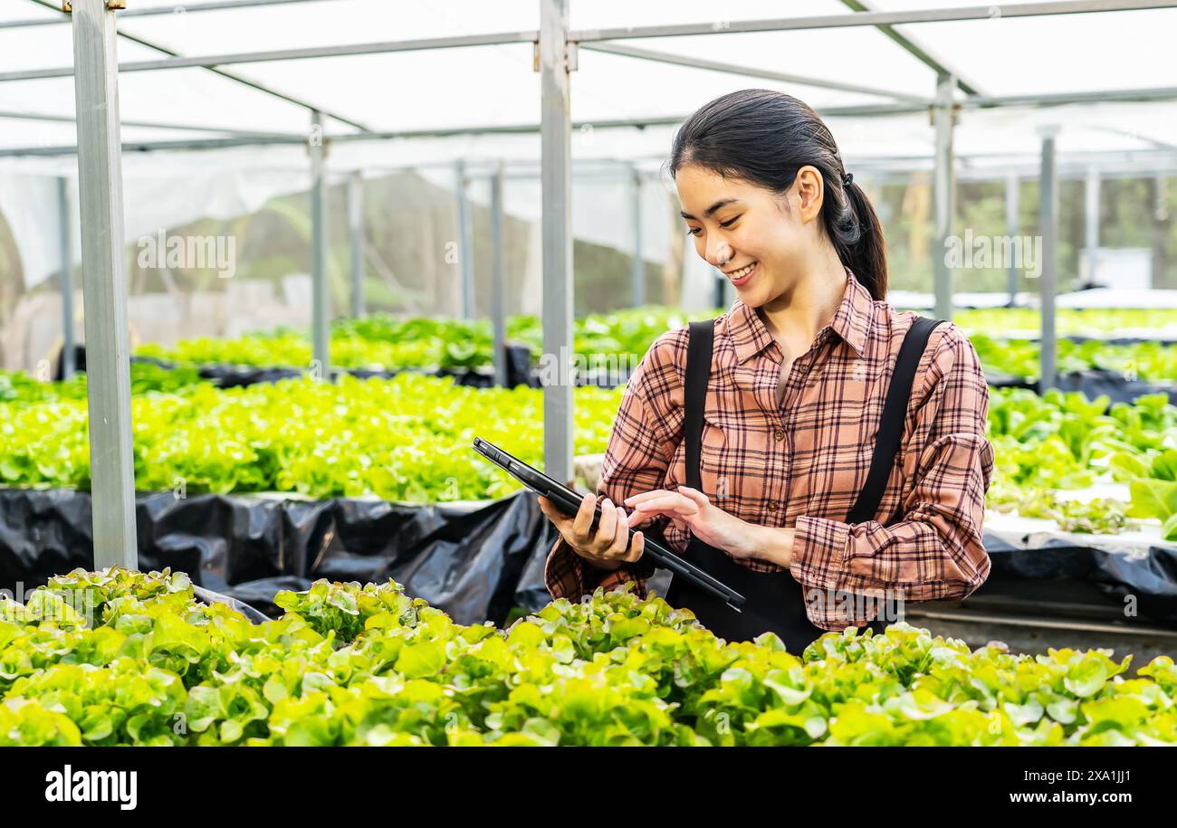 Asian woman working in greenhouse Stock Photo - Alamy