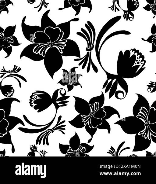 Seamless pattern black Chrysanthemums,japanese floral patern on white background Stock Vector