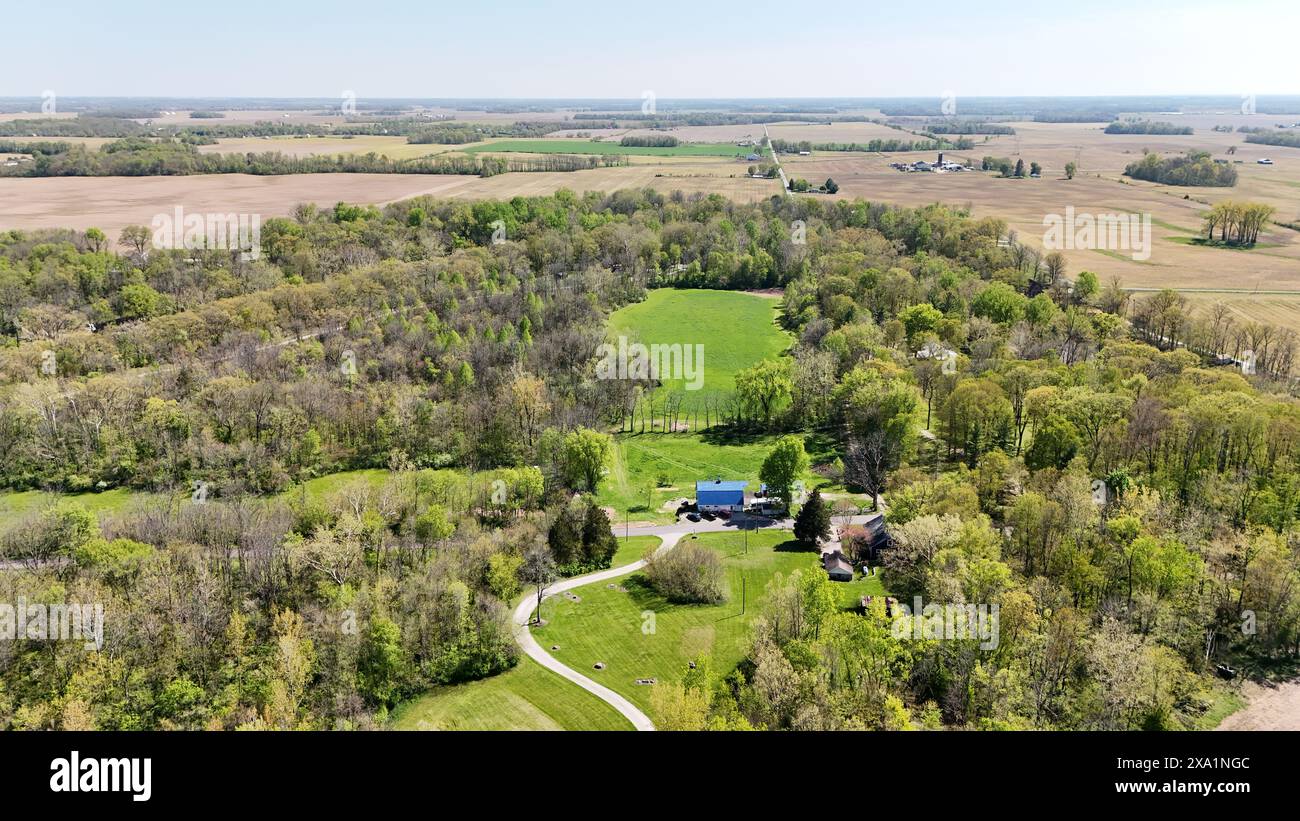 Spacious Trees A spacious green greenhouse in a vast field encircled by trees Stock ...