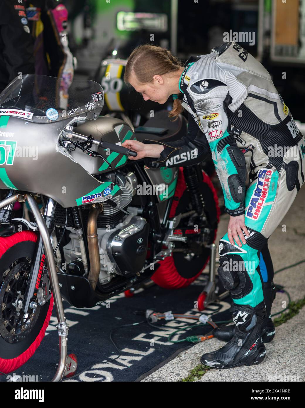 June 02, 2024 Royal Enfield rider 457 Shea MacGregor works on her