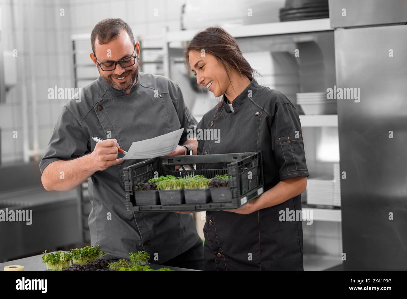 Professional cooks man and woman holding microgreen in small boxes in restaurant kitchen Stock Photo