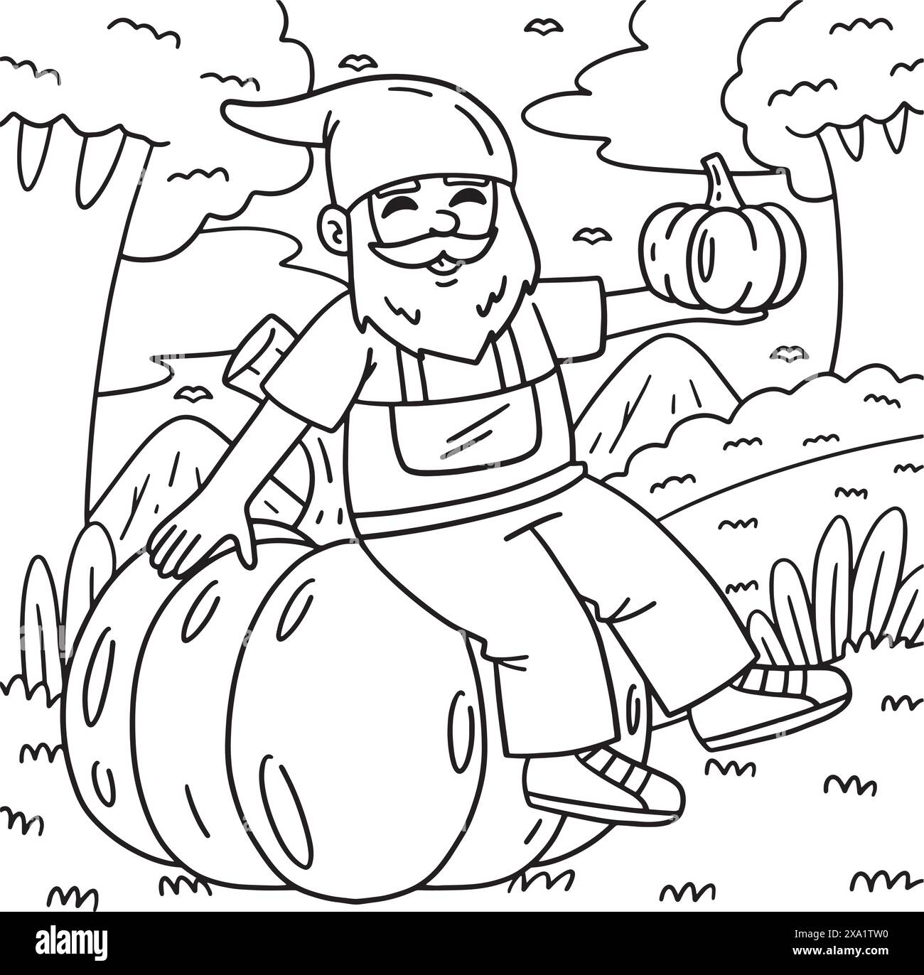 Gnome Sitting on a Pumpkin Coloring Page for Kids Stock Vector