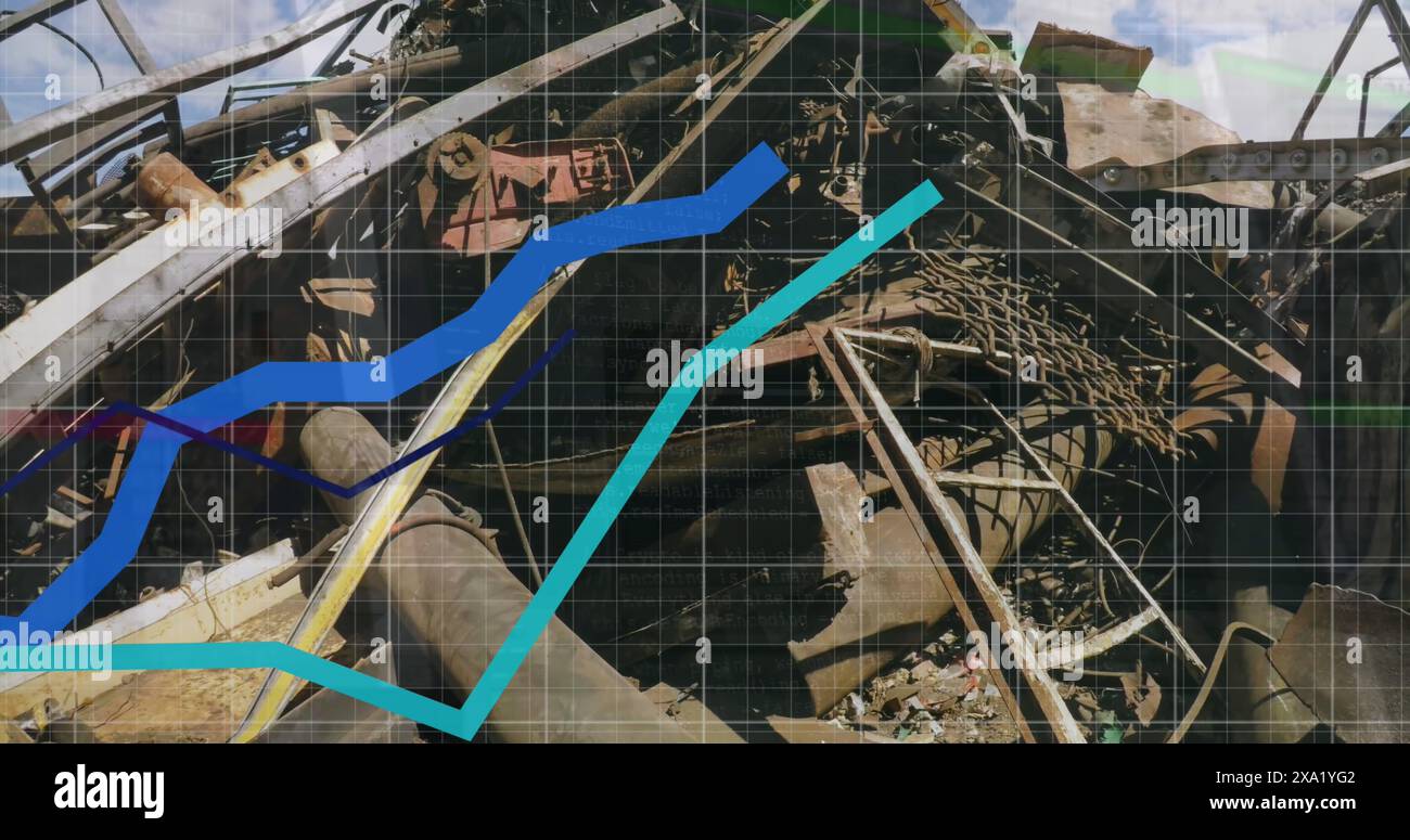 Image of statistical data processing over grid network against view of junkyard Stock Photo