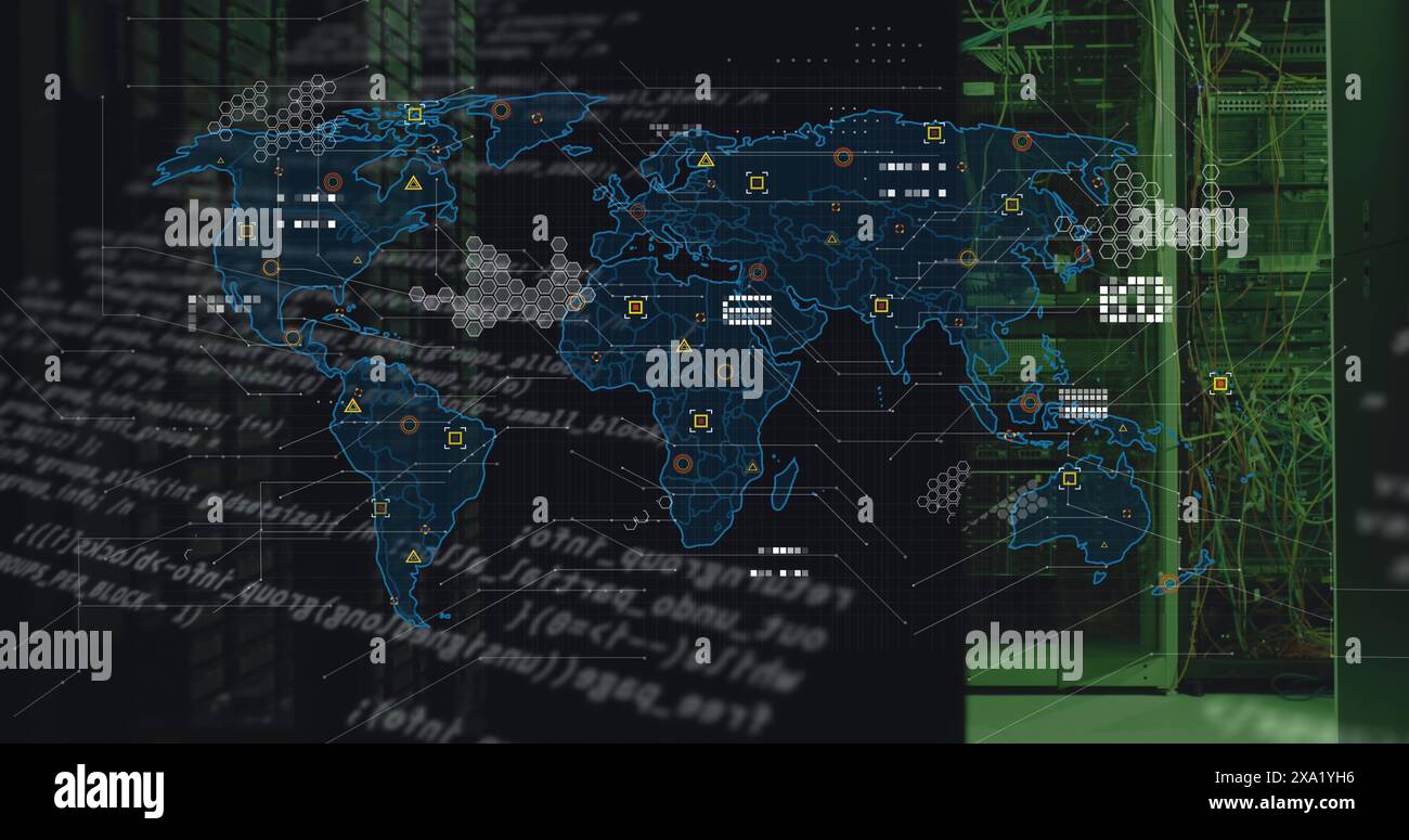 Image of data processing and world map over server room Stock Photo - Alamy