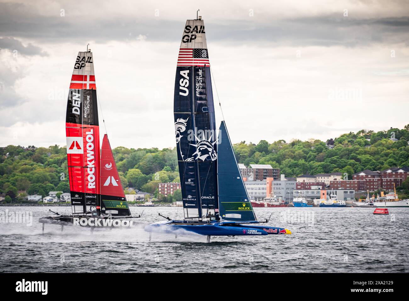 Team USA leading Team Denmark during the June 2024 Sail GP event in Halifax, Nova Scotia, Canada