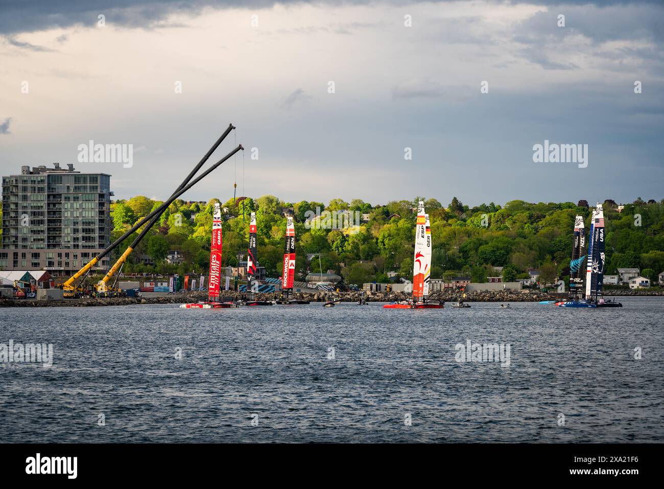 Teams launching their boats from Kings Landing during the June 2024 Sail GP event in Halifax