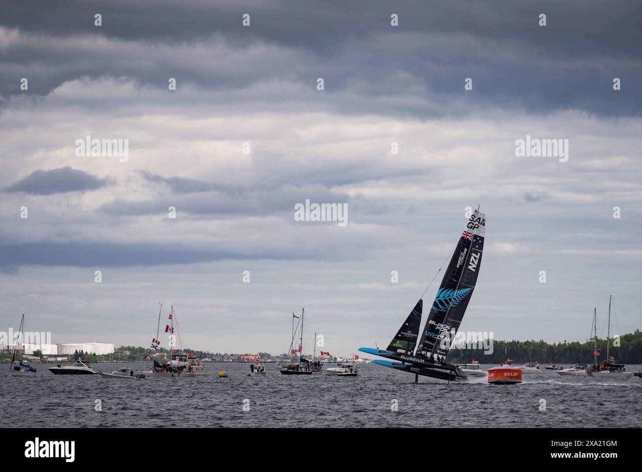 Team New Zealand appears to go airborne during the June 2024 Sail GP