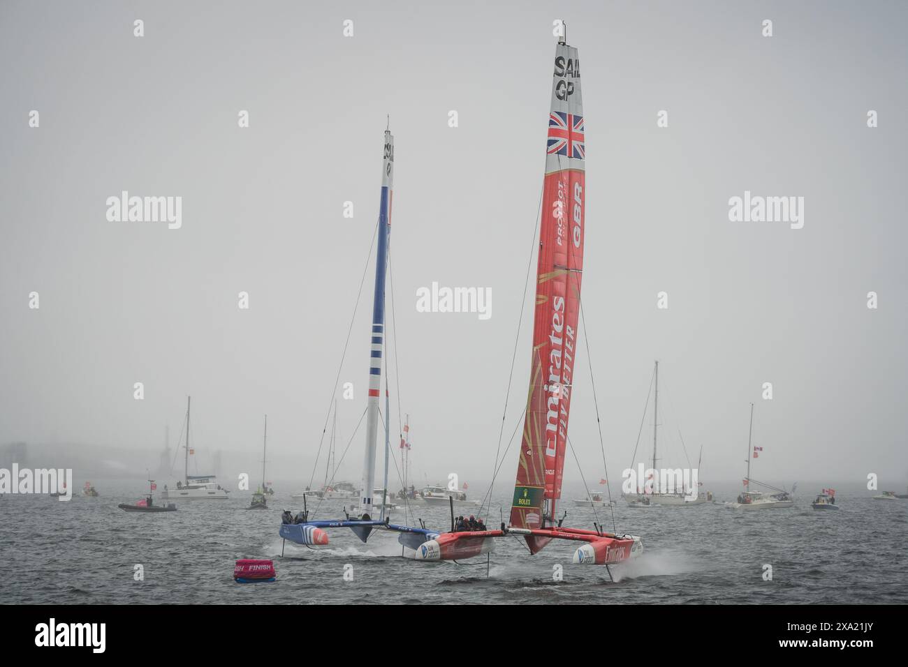 Team Great Britain leading boats from France and Denmark during the finals of the June 2024 Sail