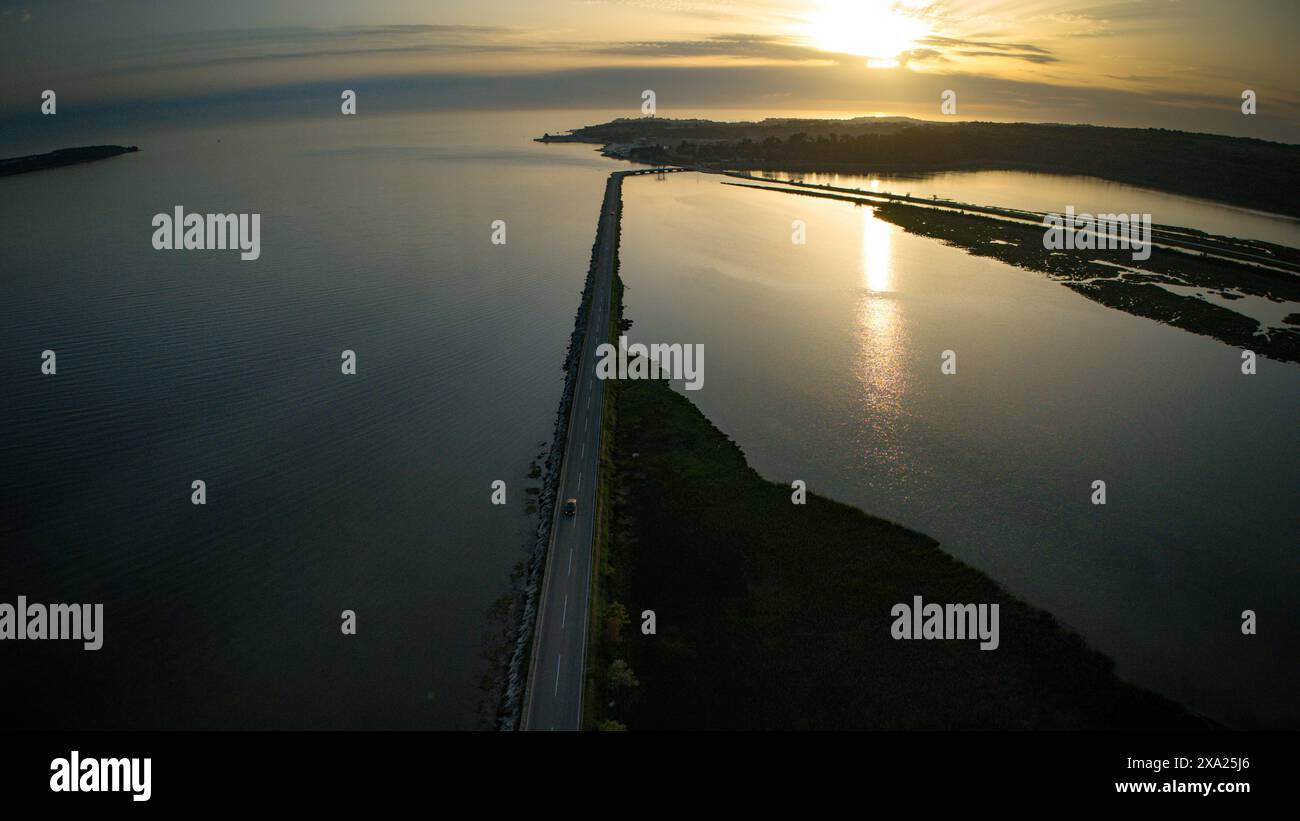 An aerial view of a bridge at sunset from an airplane Stock Photo - Alamy