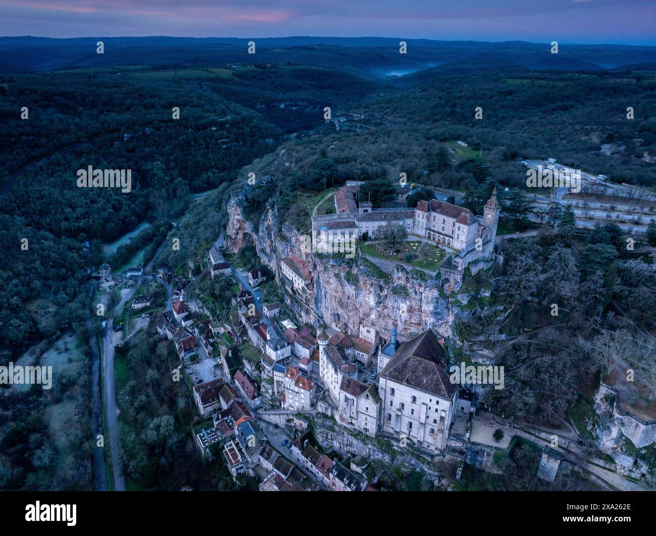 An Aerial View Of The Rocamadour Sanctuary In France On The Hill Stock an-aerial-view-of-the-rocamadour-sanctuary-in-france-on-the-hill-stock