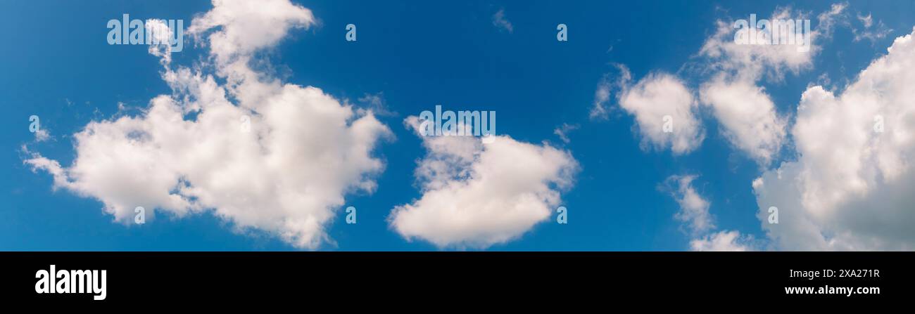 Panorama blue sky fluffy white cloud summertime on light sunny day ...