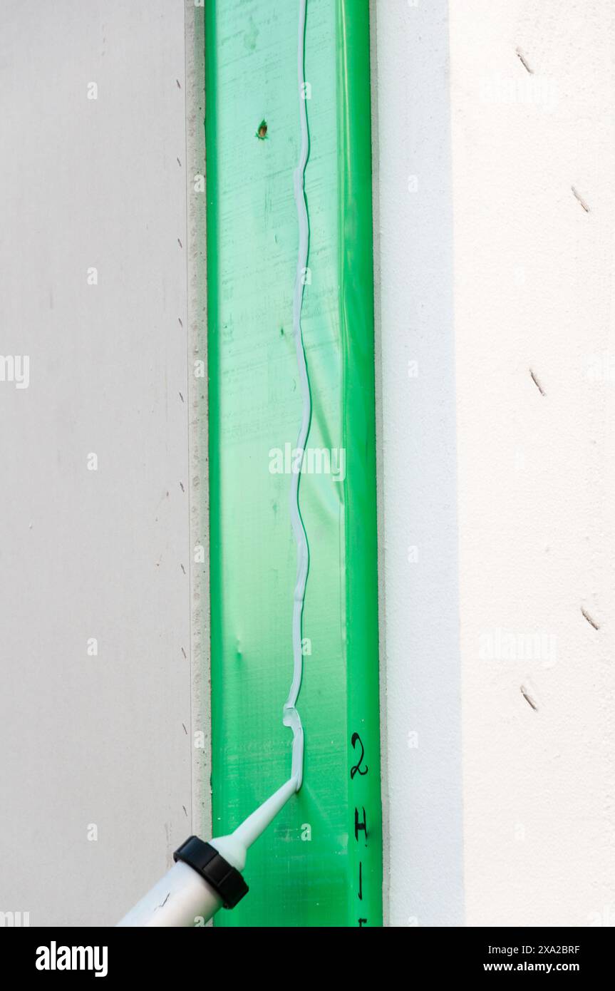 A close-up of a prefabricated house construction site in Germany, showcasing civil engineering work Stock Photo