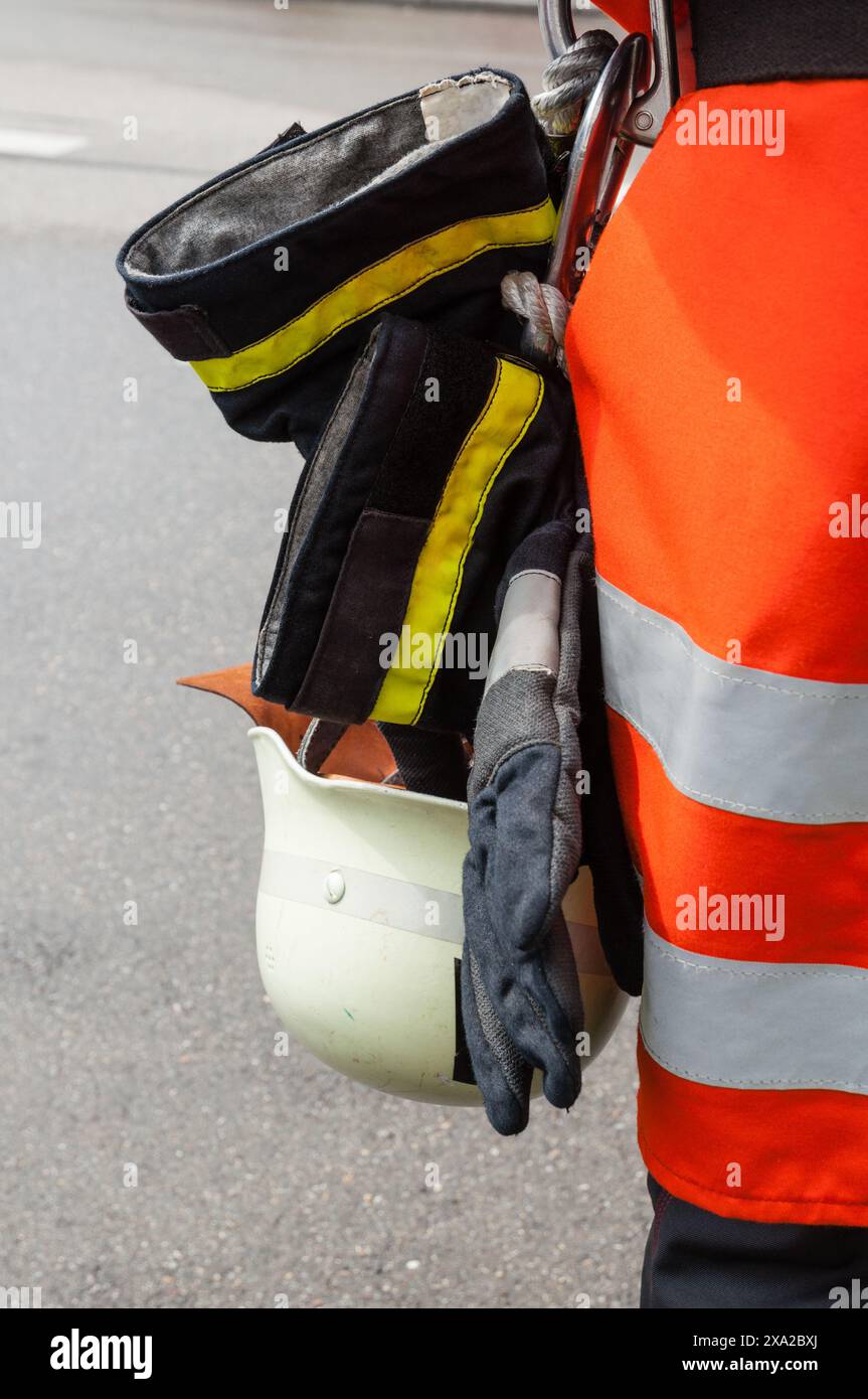 The firefighter's protective gear in Germany: helmet and gloves Stock Photo