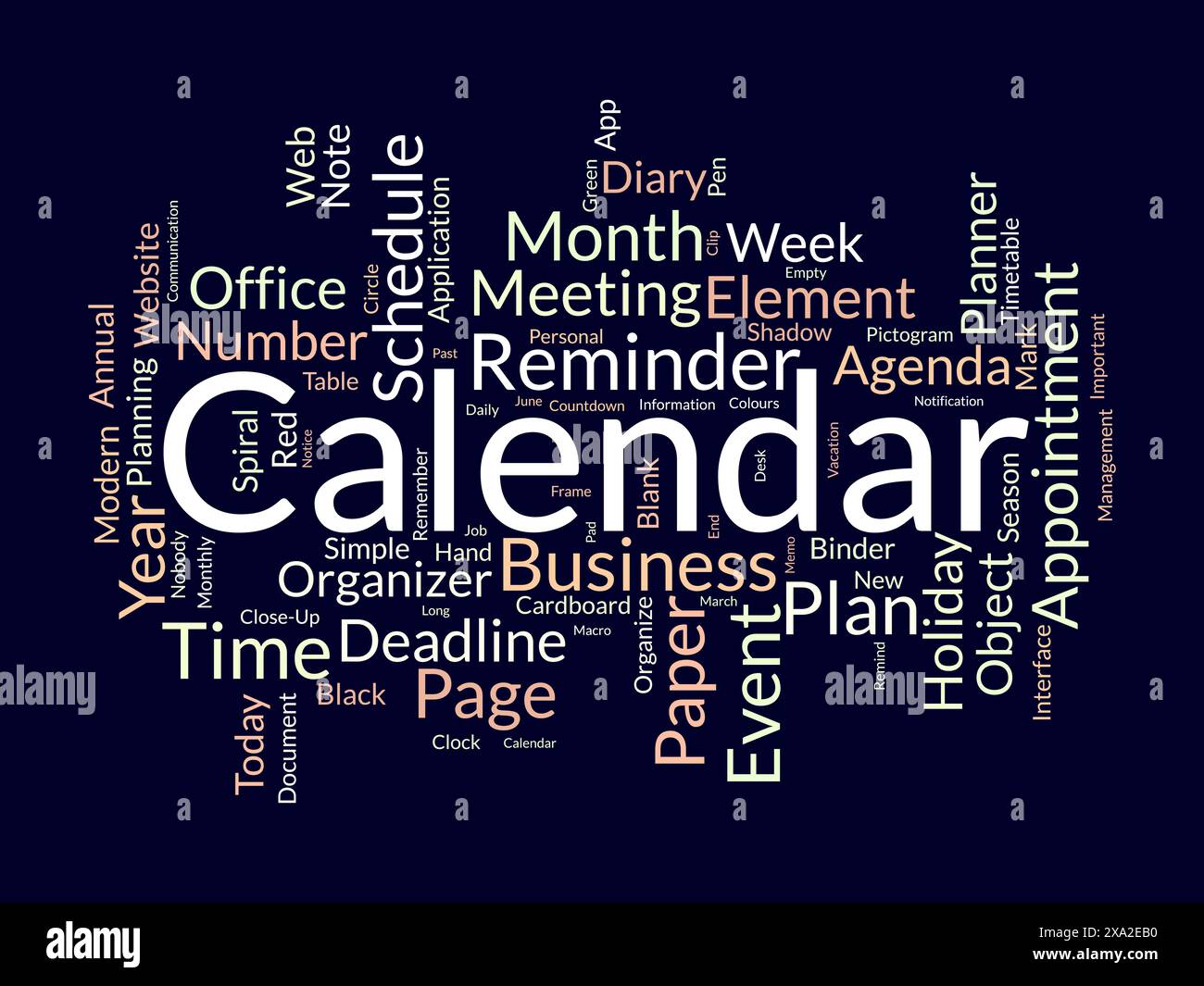 Calendar word cloud template. Diary planning concept vector tagcloud background. Stock Vector