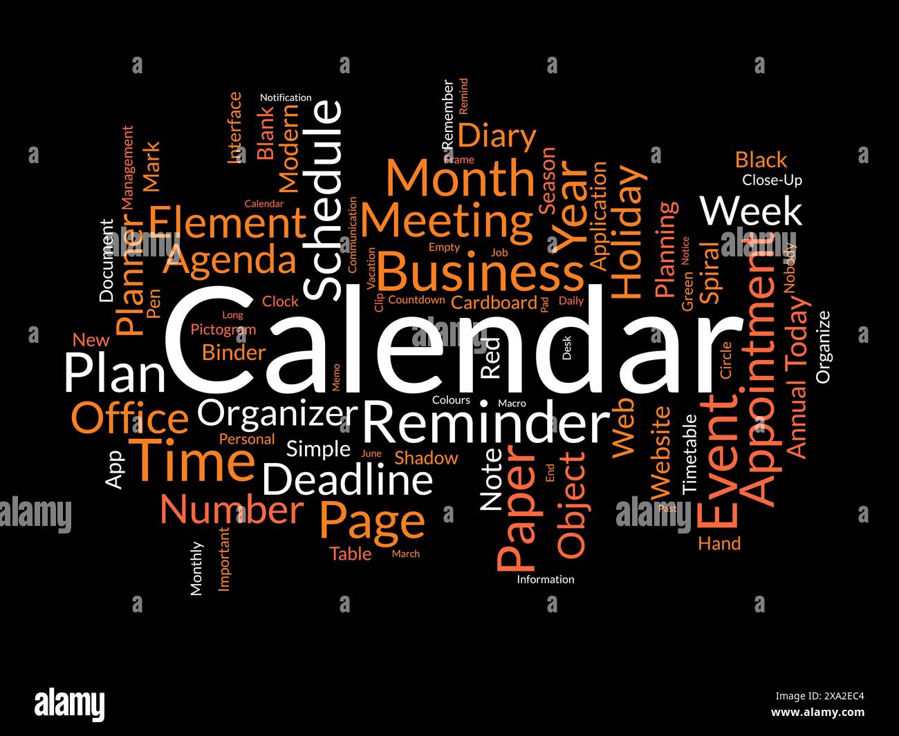 Calendar word cloud template. Diary planning concept vector tagcloud background. Stock Vector