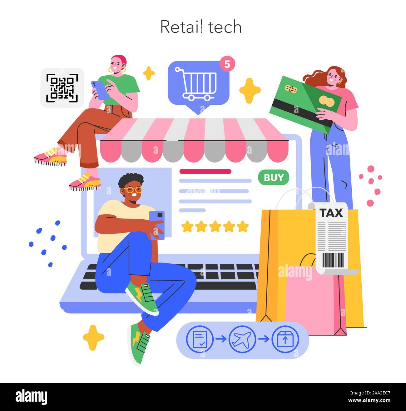 Retail Tech concept. Illustrated figures engage with digital shopping ...
