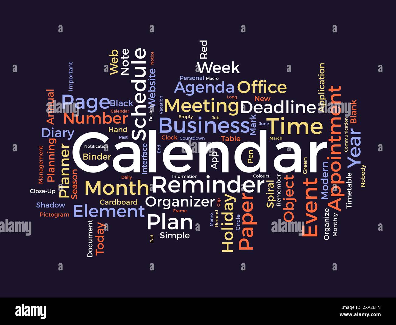 Calendar word cloud template. Diary planning concept vector tagcloud background. Stock Vector