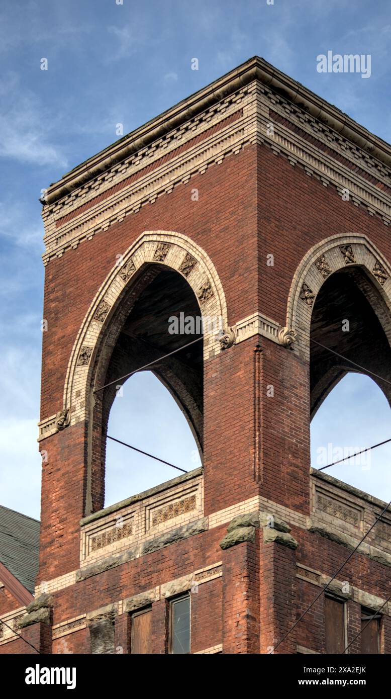 old disused church at grove street jersey city (avenue red brick building historic abandoned ruins) new jersey nj beautiful pre war ornate detail clos Stock Photo