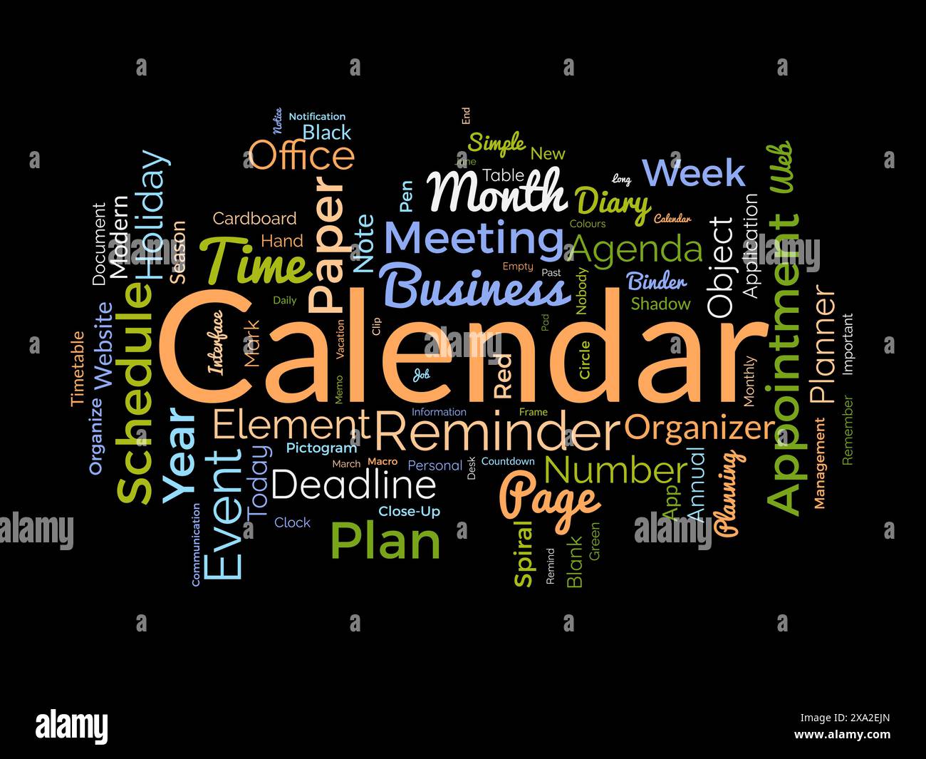 Calendar word cloud template. Diary planning concept vector tagcloud background. Stock Vector