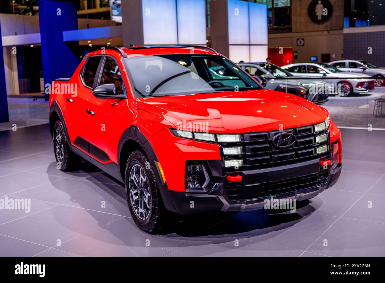 New York City, USA - March 27, 2024: Hyundai Santa Cruz orange car at ...